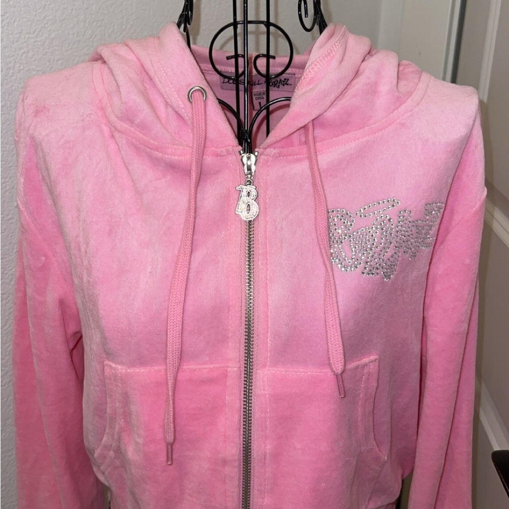 Dolls Kill x BRATZ pink velour bedazzled tracksuit zip up sweatshirt.